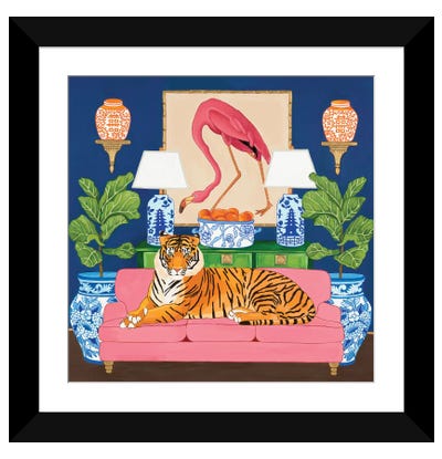 Chinoiserie Tiger In The Living Room With Flamingo Ginger Jar And Fiddle Leaf Fig Paper Art Print - Best Selling Paper