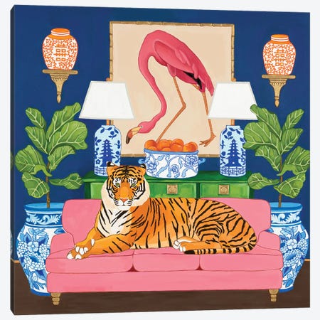 Chinoiserie Tiger In The Living Room With Flamingo Ginger Jar And Fiddle Leaf Fig Canvas Print #GBQ18} by Green Orchid Boutique Canvas Art