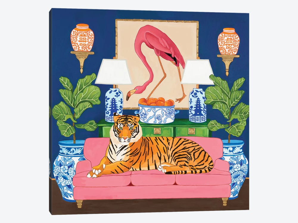 Chinoiserie Tiger In The Living Room With Flamingo Ginger Jar And Fiddle Leaf Fig by Green Orchid Boutique 1-piece Canvas Art