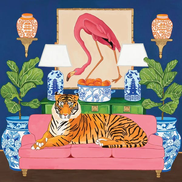 Wall Art: Chinoiserie Tiger In The Living Room With Flamingo Ginger Jar And Fiddle Leaf Fig by Green Orchid Boutique
