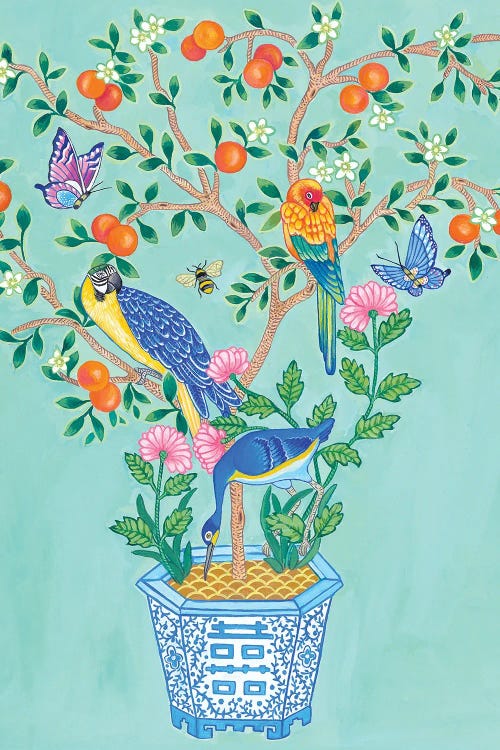 Chinoiserie Orange Topiary With Parrots And Parakeets In Blue And White Vase