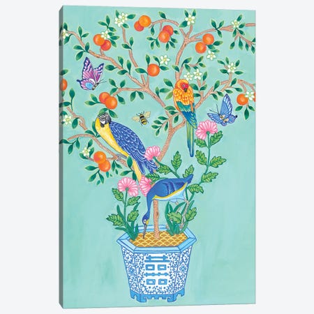 Chinoiserie Orange Topiary With Parrots And Parakeets In Blue And White Vase Canvas Print #GBQ19} by Green Orchid Boutique Canvas Artwork