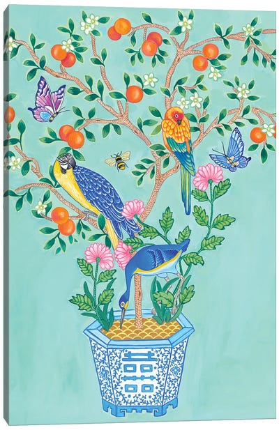 Chinoiserie Orange Topiary With Parrots And Parakeets In Blue And White Vase Canvas Art Print - Orange Art