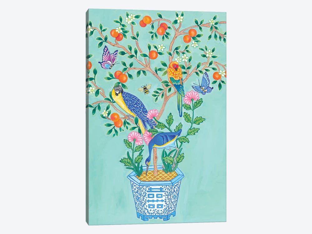 Chinoiserie Orange Topiary With Parrots And Parakeets In Blue And White Vase by Green Orchid Boutique 1-piece Art Print