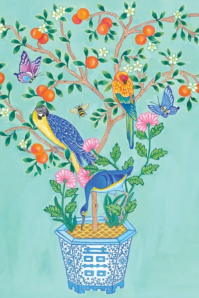 Chinoiserie Orange Topiary With Parrots And Parakeets In Blue And White Vase