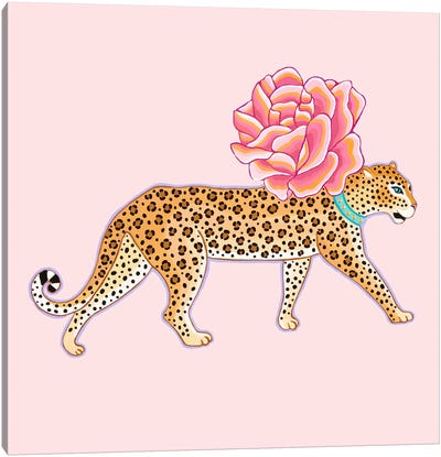 Chinoiserie Leopard With Rose Canvas Art Print - Indian Décor