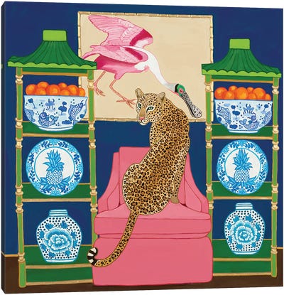 Chinoiserie Leopard In The Living Room With Blue And White Ginger Jar And Roseate Spoonbill Canvas Art Print - Bird Art