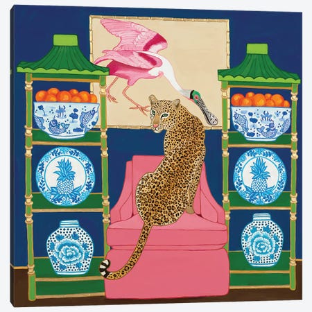 Chinoiserie Leopard In The Living Room With Blue And White Ginger Jar And Roseate Spoonbill Canvas Print #GBQ20} by Green Orchid Boutique Canvas Print