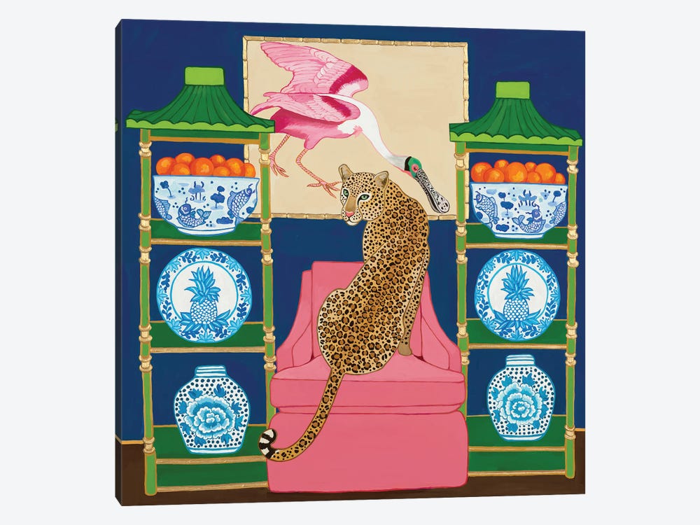 Chinoiserie Leopard In The Living Room With Blue And White Ginger Jar And Roseate Spoonbill by Green Orchid Boutique 1-piece Canvas Art Print