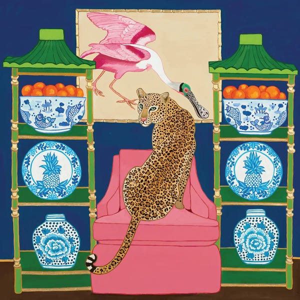 Wall Art: Chinoiserie Leopard In The Living Room With Blue And White Ginger Jar And Roseate Spoonbill by Green Orchid Boutique