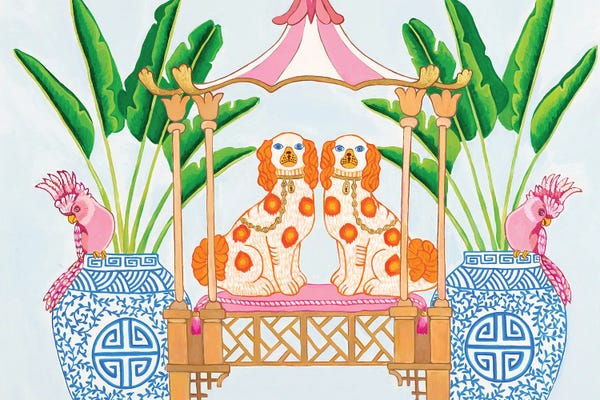 Office: Staffordshire Dogs With Pagoda And Ginger Jars With Banana Palm by Green Orchid Boutique