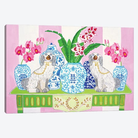 Staffordshire Dogs Chinoiserie With Orchids Canvas Print #GBQ22} by Green Orchid Boutique Canvas Print