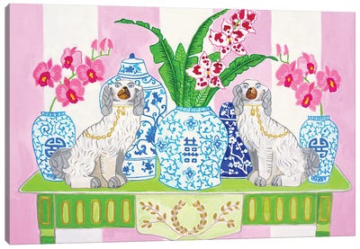 Staffordshire Dogs Chinoiserie With Orchids Canvas Art Print - Green Orchid Boutique
