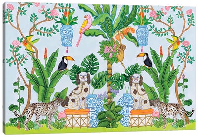 Staffordshire Dogs In The Jungle With Monkey And Tropical Birds Canvas Art Print - Patterns
