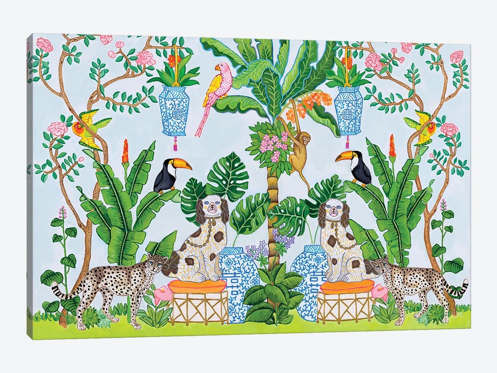 Staffordshire Dogs In The Jungle With Monkey And Tropical Birds by Green Orchid Boutique 1-piece Canvas Art