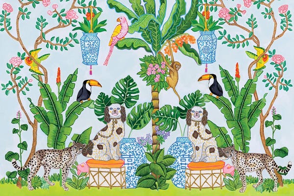 Large Floral & Botanical Art - Canvas Prints: Staffordshire Dogs In The Jungle With Monkey And Tropical Birds by Green Orchid Boutique
