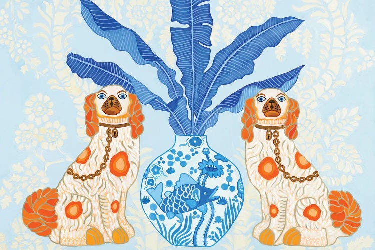 Staffordshire Dogs With Ginger Jar On Blue Chinoiserie Wallpaper