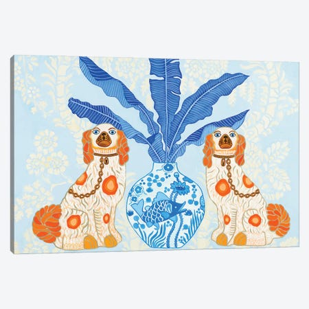 Staffordshire Dogs With Ginger Jar On Blue Chinoiserie Wallpaper Canvas Print #GBQ24} by Green Orchid Boutique Canvas Art