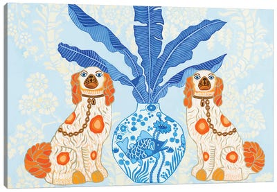 Staffordshire Dogs With Ginger Jar On Blue Chinoiserie Wallpaper Canvas Art Print - Leaf Art
