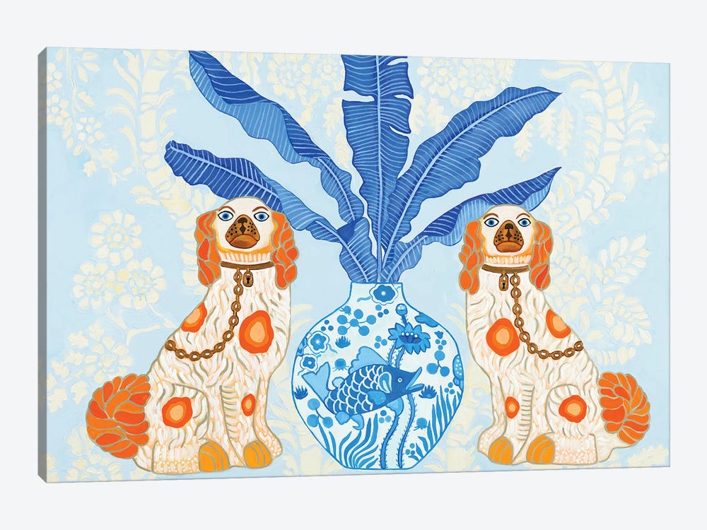 Staffordshire Dogs With Ginger Jar On Blue Chinoiserie Wallpaper by Green Orchid Boutique 1-piece Canvas Print