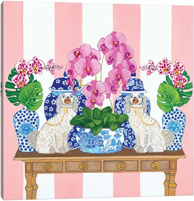 Chinoiserie Staffordshire Dogs On Console Table With Orchids, Monstera Leaves And Ginger Jars Canvas Art Print - Charming Blue