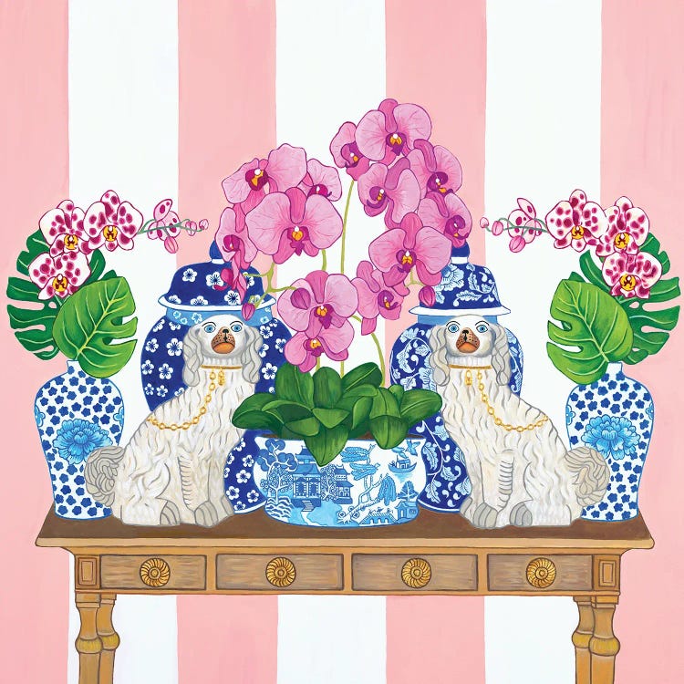 Chinoiserie Staffordshire Dogs On Console Table With Orchids, Monstera Leaves And Ginger Jars