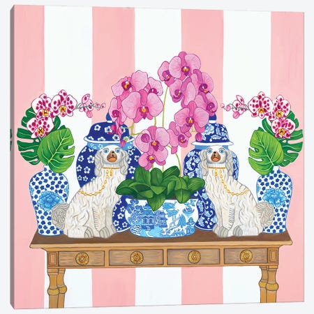Chinoiserie Staffordshire Dogs On Console Table With Orchids, Monstera Leaves And Ginger Jars Canvas Print #GBQ25} by Green Orchid Boutique Canvas Wall Art