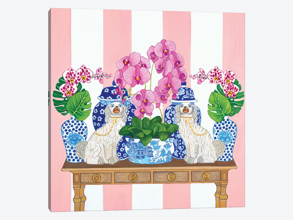 Chinoiserie Staffordshire Dogs On Console Table With Orchids, Monstera Leaves And Ginger Jars by Green Orchid Boutique 1-piece Canvas Artwork