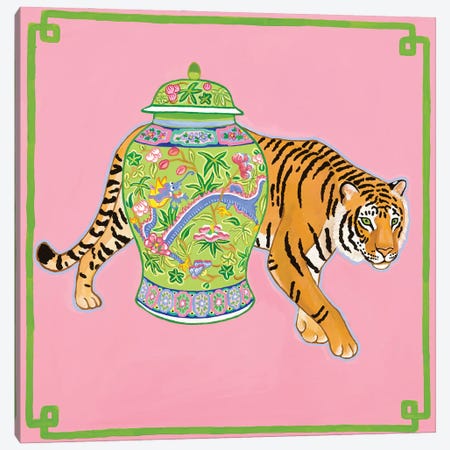 Preppy Chinoiserie Tiger With Dragon Ginger Jar Canvas Print #GBQ26} by Green Orchid Boutique Canvas Wall Art