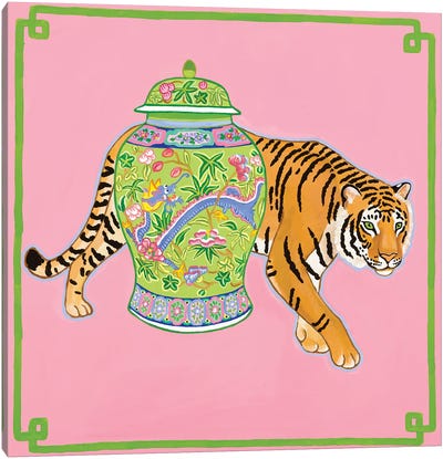 Preppy Chinoiserie Tiger With Dragon Ginger Jar Canvas Art Print - Indian Décor