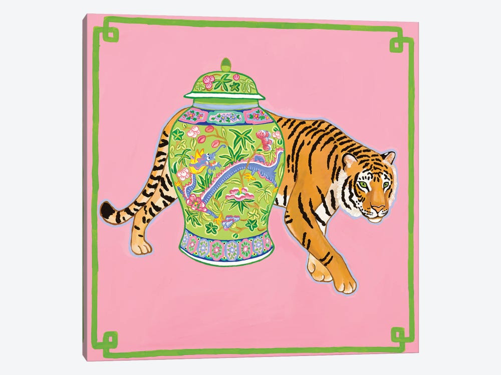 Preppy Chinoiserie Tiger With Dragon Ginger Jar by Green Orchid Boutique 1-piece Canvas Print