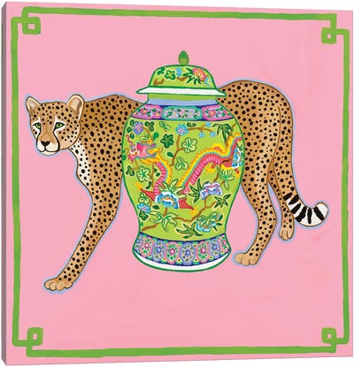 Preppy Chinoiserie Cheetah With Dragon Ginger Jar Canvas Art Print - Green & Pink Art