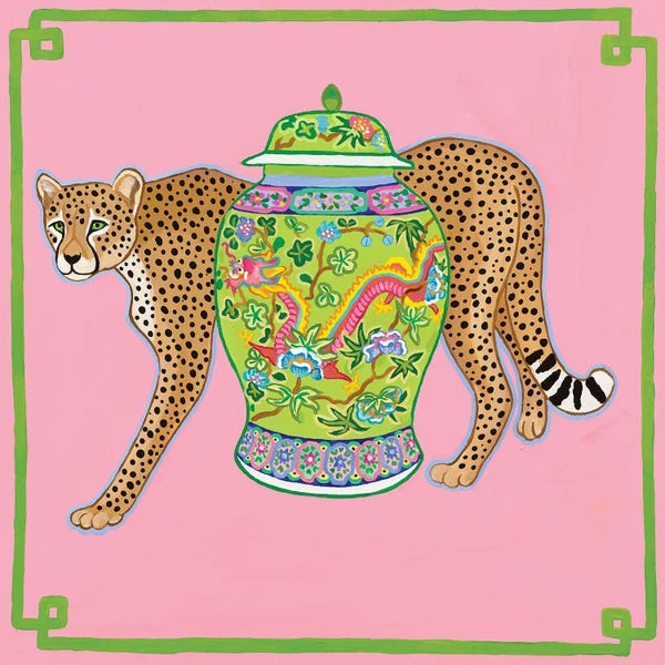 Office: Preppy Chinoiserie Cheetah With Dragon Ginger Jar by Green Orchid Boutique
