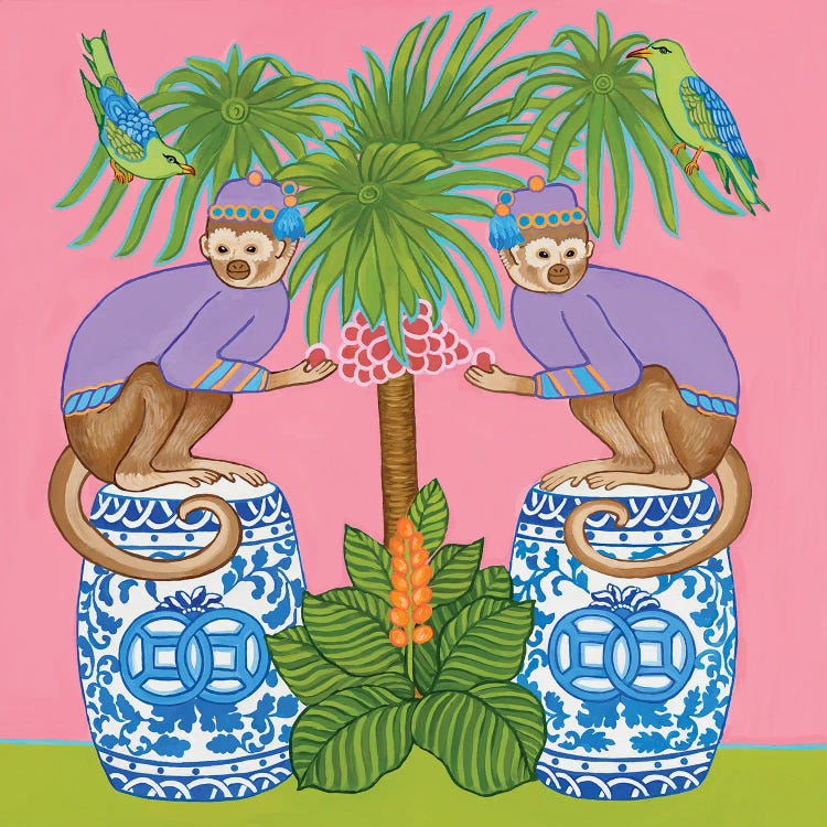 Chinoiserie Monkeys On Blue And White Garden Stools Under The Tropical Palm Tree by Green Orchid Boutique wall art