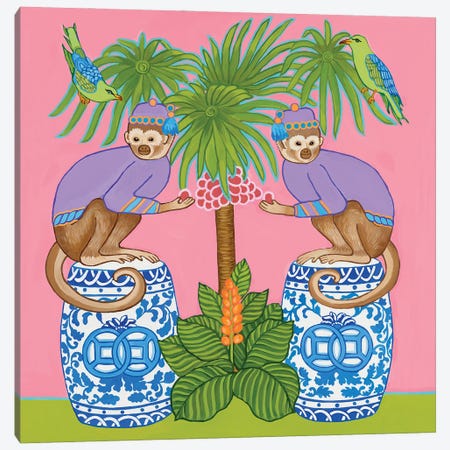 Chinoiserie Monkeys On Blue And White Garden Stools Under The Tropical Palm Tree Canvas Print #GBQ29} by Green Orchid Boutique Canvas Art Print