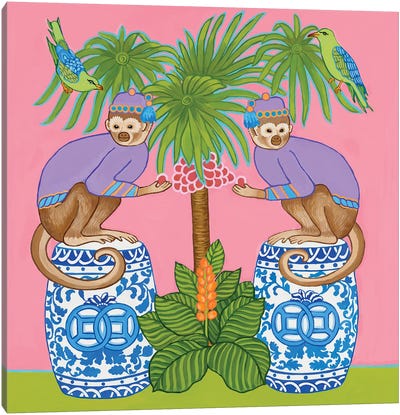 Chinoiserie Monkeys On Blue And White Garden Stools Under The Tropical Palm Tree Canvas Art Print - Global Patterns