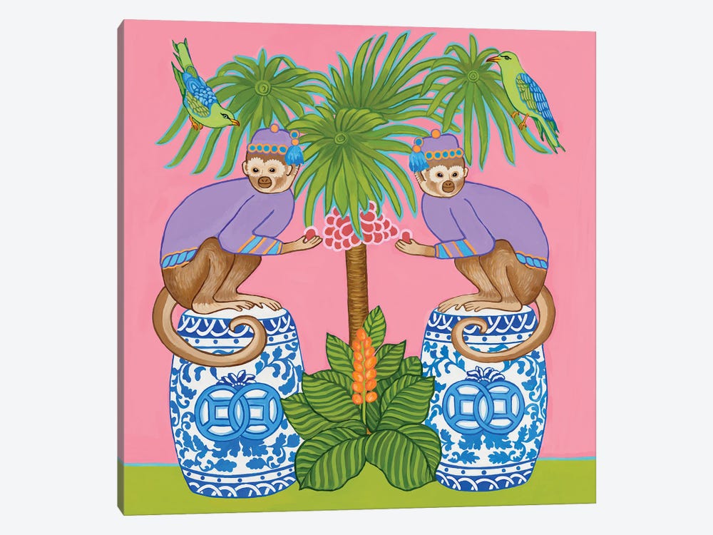Chinoiserie Monkeys On Blue And White Garden Stools Under The Tropical Palm Tree by Green Orchid Boutique 1-piece Canvas Art