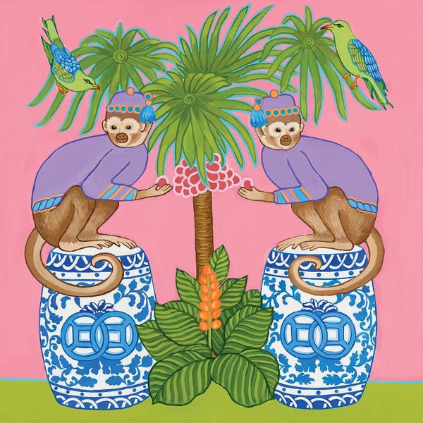 Tropical Leaves: Chinoiserie Monkeys On Blue And White Garden Stools Under The Tropical Palm Tree by Green Orchid Boutique
