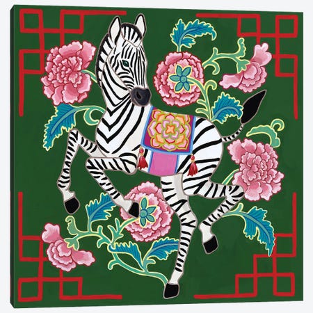 Chinoiserie Zebra With Asian Peonies Canvas Print #GBQ30} by Green Orchid Boutique Canvas Wall Art