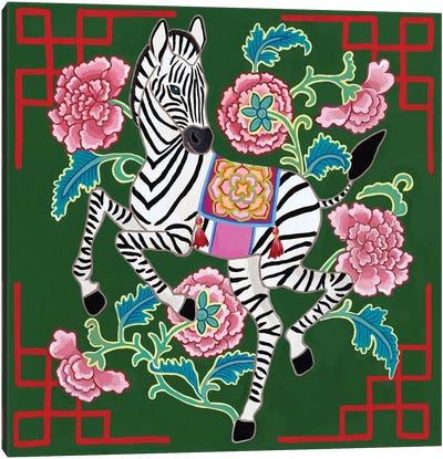 Chinoiserie Zebra With Asian Peonies Canvas Art Print - Global Patterns