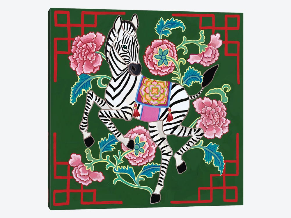 Chinoiserie Zebra With Asian Peonies by Green Orchid Boutique 1-piece Canvas Art