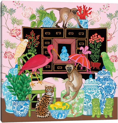 Chinoiserie Monkey And Cat In The Living Room With Ginger Jars And Foo Dogs Canvas Art Print - Cat Art