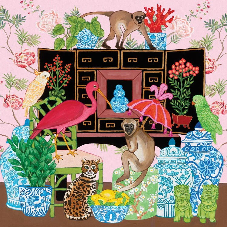 Chinoiserie Monkey And Cat In The Living Room With Ginger Jars And Foo Dogs