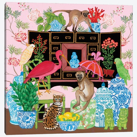 Chinoiserie Monkey And Cat In The Living Room With Ginger Jars And Foo Dogs Canvas Print #GBQ31} by Green Orchid Boutique Canvas Wall Art