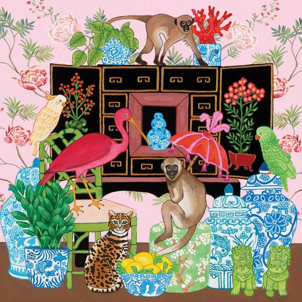 Floral & Botanical: Chinoiserie Monkey And Cat In The Living Room With Ginger Jars And Foo Dogs by Green Orchid Boutique
