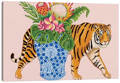 Chinoiserie Tiger With Blue And White Ginger Jar Vase Monstera And Plumeria Canvas Art Print - Indian Décor