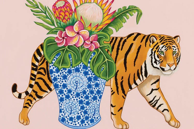 Chinoiserie Tiger With Blue And White Ginger Jar Vase Monstera And Plumeria