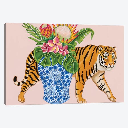 Chinoiserie Tiger With Blue And White Ginger Jar Vase Monstera And Plumeria Canvas Print #GBQ33} by Green Orchid Boutique Canvas Artwork