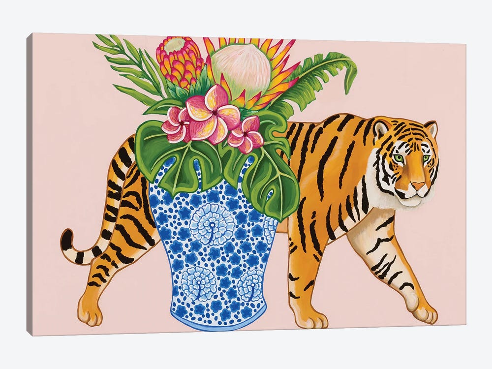 Chinoiserie Tiger With Blue And White Ginger Jar Vase Monstera And Plumeria by Green Orchid Boutique 1-piece Canvas Print
