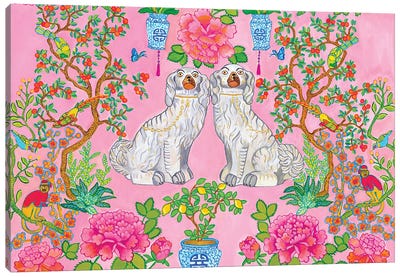 Staffordshire Dogs Chinoiserie In Pink Canvas Art Print - Flower Art